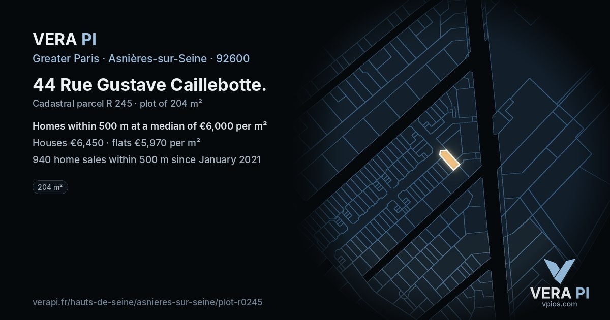 44 Rue Gustave Caillebotte, Asnières-sur-Seine at night – the plot lit, the parcels around coloured by the prices near them