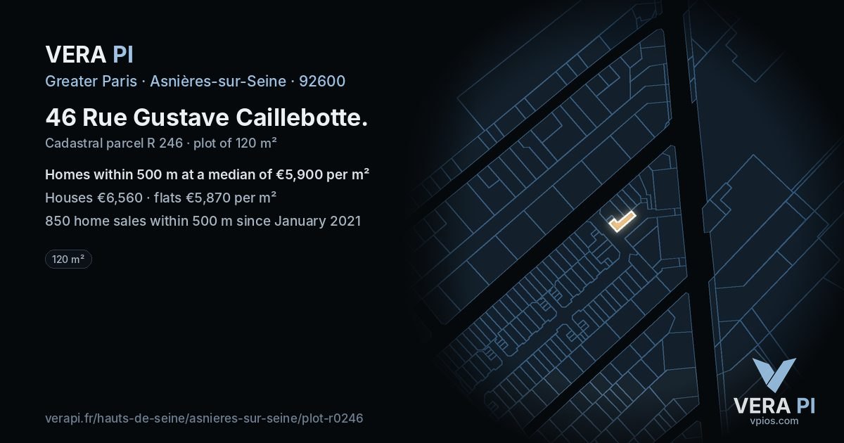 46 Rue Gustave Caillebotte, Asnières-sur-Seine at night – the plot lit, the parcels around coloured by the prices near them