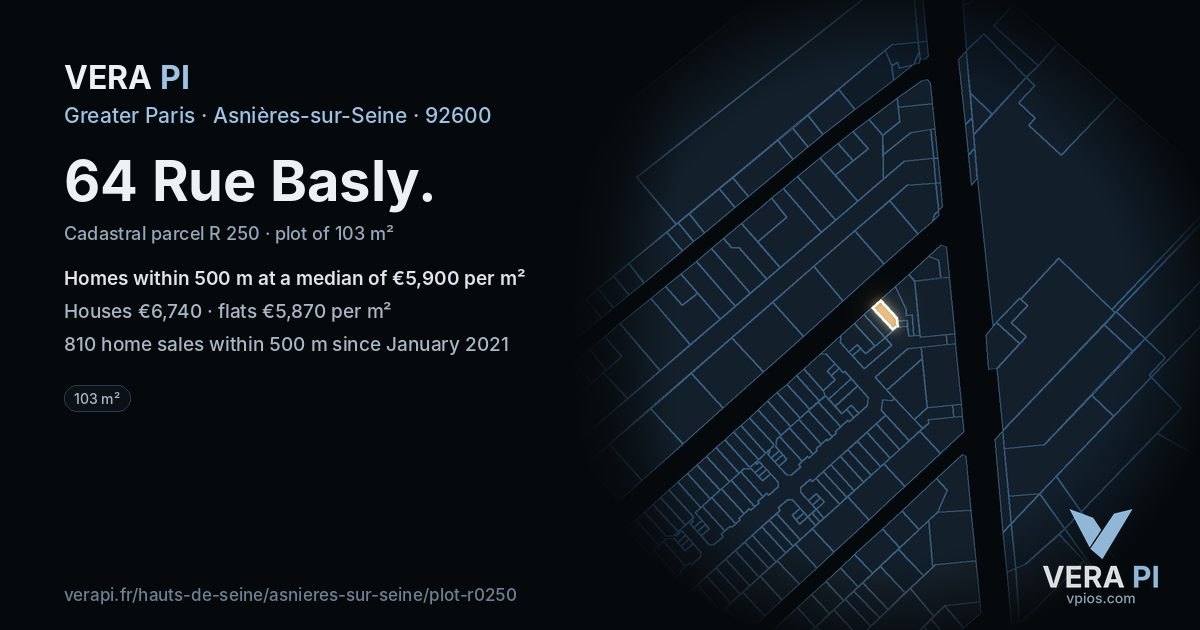 64 Rue Basly, Asnières-sur-Seine at night – the plot lit, the parcels around coloured by the prices near them