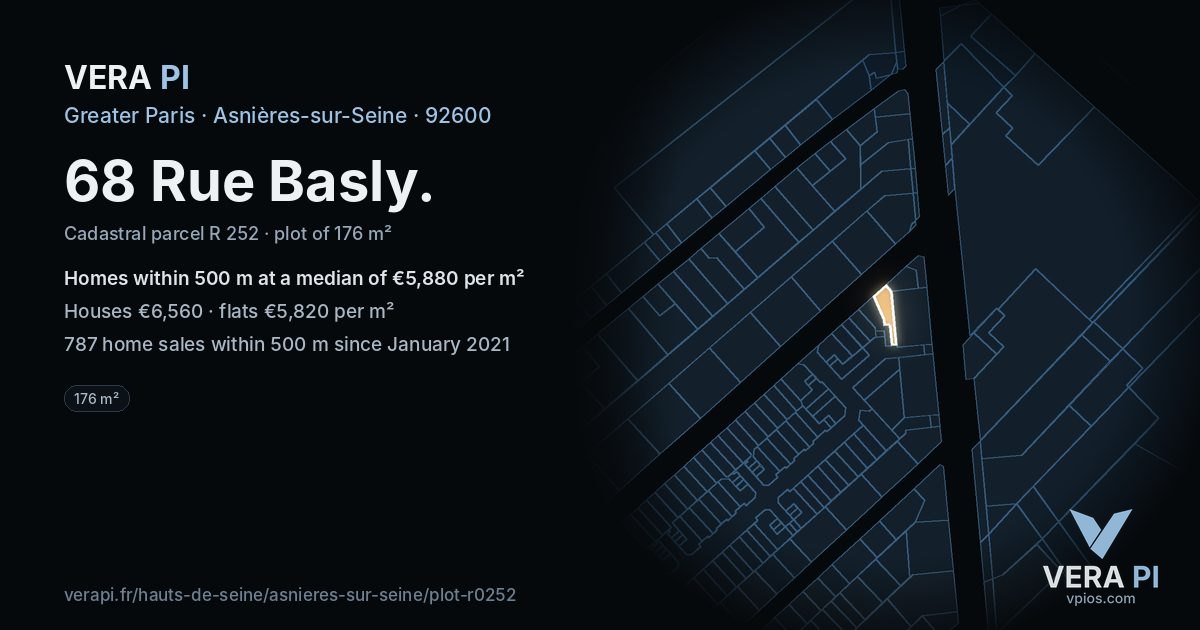 68 Rue Basly, Asnières-sur-Seine at night – the plot lit, the parcels around coloured by the prices near them