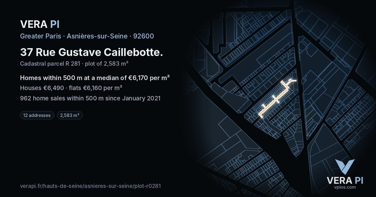 37 Rue Gustave Caillebotte, Asnières-sur-Seine at night – the plot lit, the parcels around coloured by the prices near them