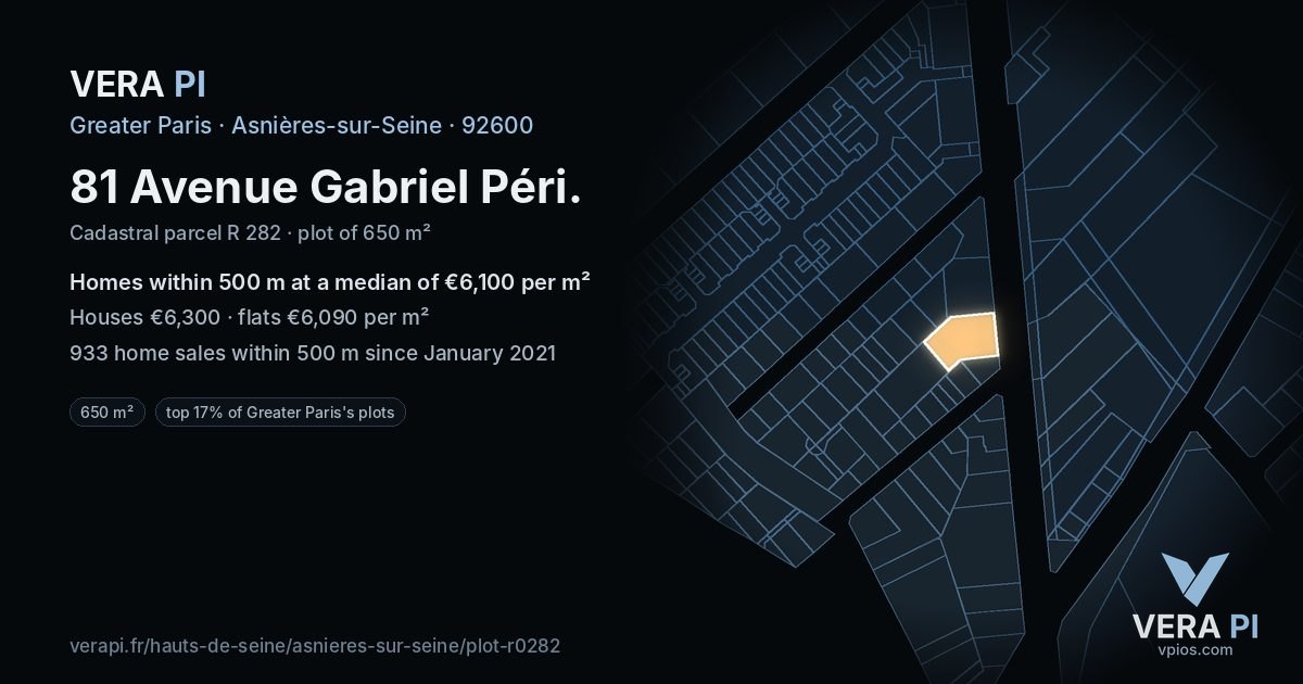 81 Avenue Gabriel Péri, Asnières-sur-Seine at night – the plot lit, the parcels around coloured by the prices near them