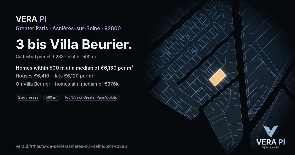 3 bis Villa Beurier, Asnières-sur-Seine at night – the plot lit, the parcels around coloured by the prices near them