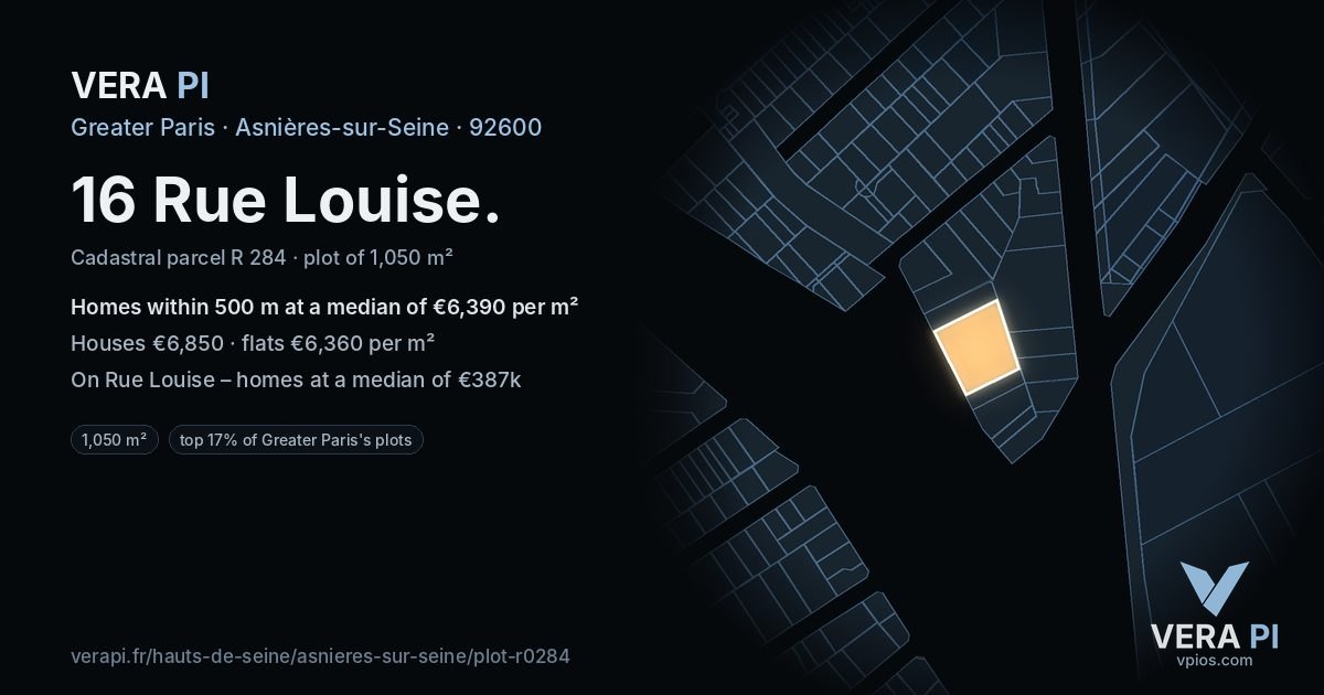 16 Rue Louise, Asnières-sur-Seine at night – the plot lit, the parcels around coloured by the prices near them
