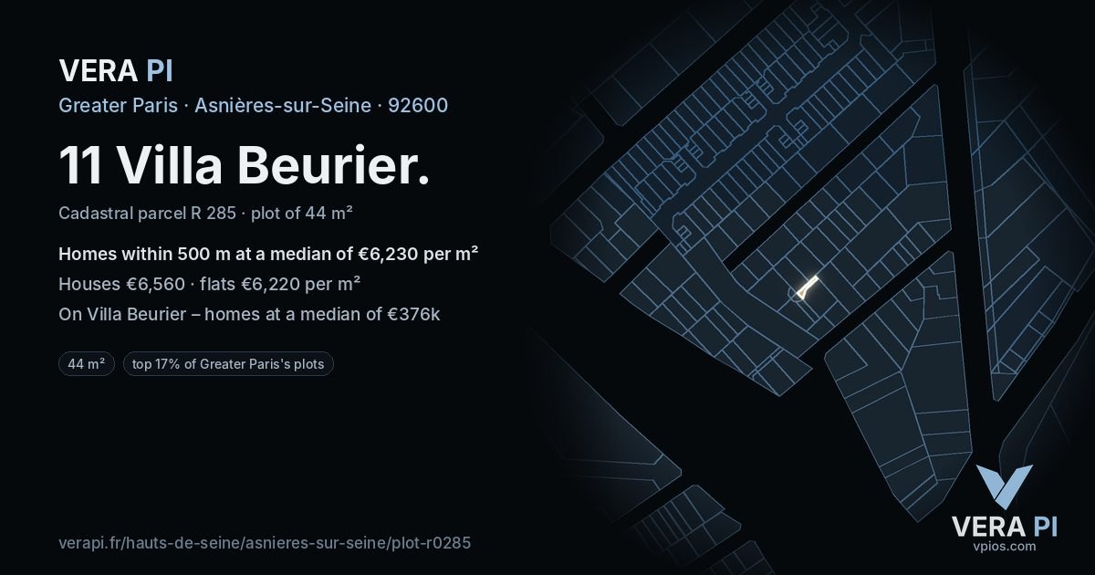 11 Villa Beurier, Asnières-sur-Seine at night – the plot lit, the parcels around coloured by the prices near them