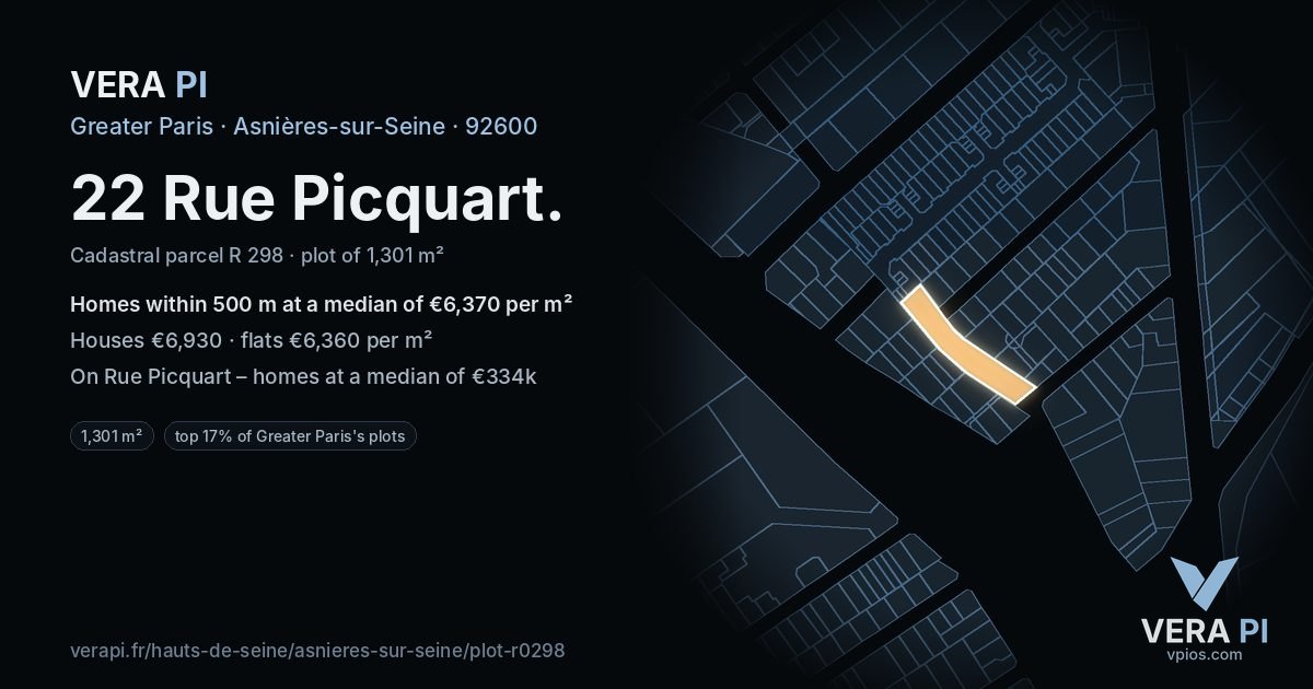 22 Rue Picquart, Asnières-sur-Seine at night – the plot lit, the parcels around coloured by the prices near them