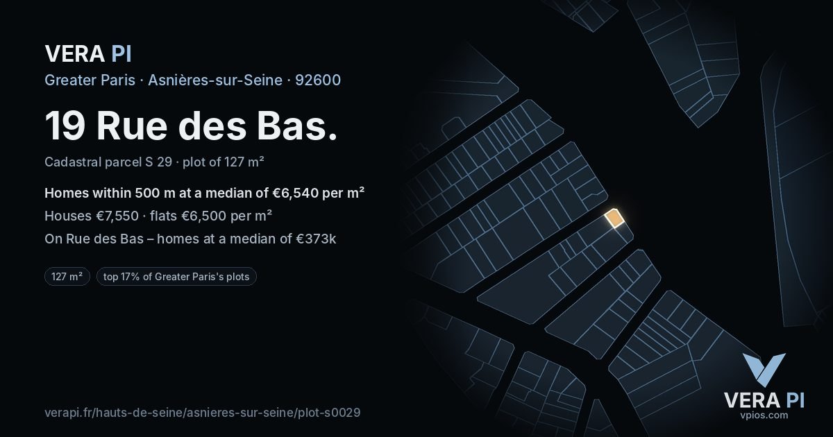 19 Rue des Bas, Asnières-sur-Seine at night – the plot lit, the parcels around coloured by the prices near them