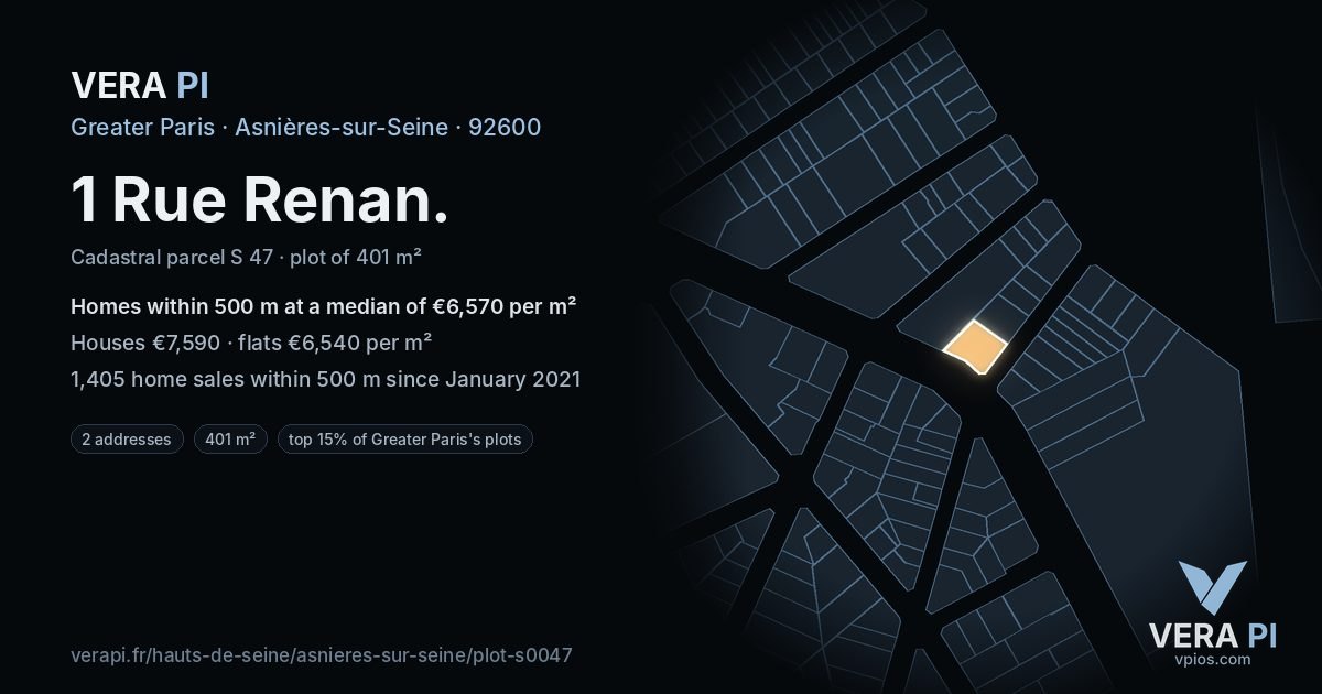 1 Rue Renan, Asnières-sur-Seine at night – the plot lit, the parcels around coloured by the prices near them
