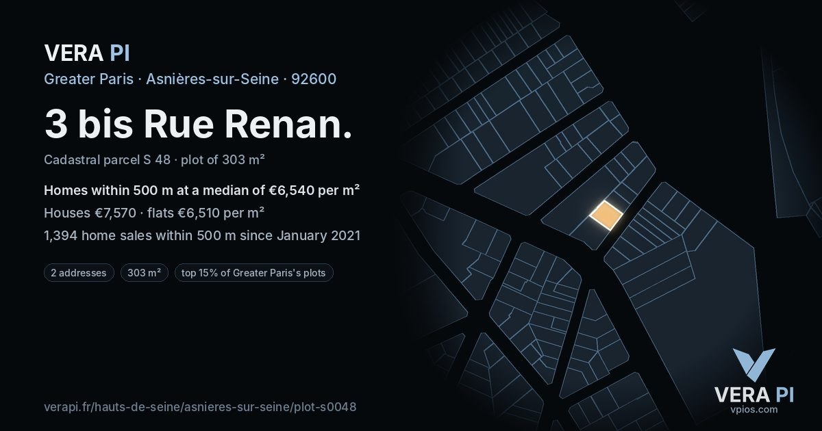 3 bis Rue Renan, Asnières-sur-Seine at night – the plot lit, the parcels around coloured by the prices near them