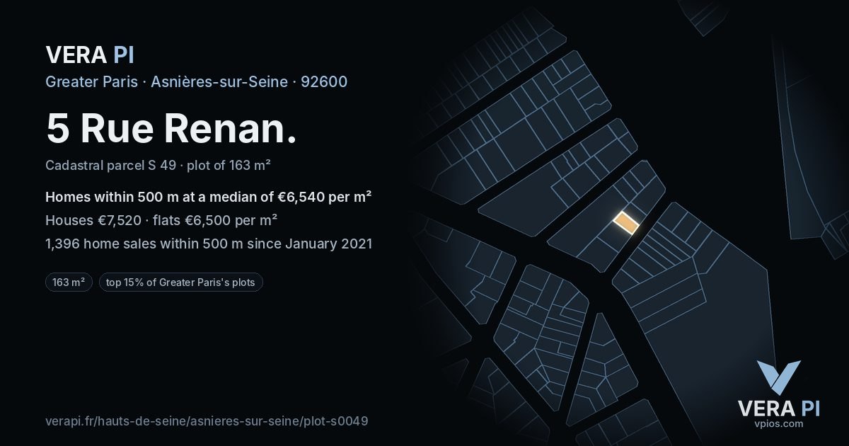 5 Rue Renan, Asnières-sur-Seine at night – the plot lit, the parcels around coloured by the prices near them