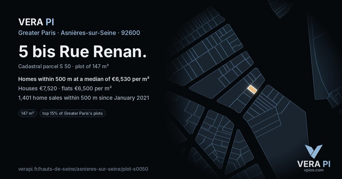5 bis Rue Renan, Asnières-sur-Seine at night – the plot lit, the parcels around coloured by the prices near them