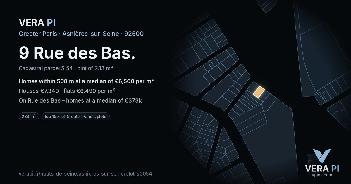 9 Rue des Bas, Asnières-sur-Seine at night – the plot lit, the parcels around coloured by the prices near them
