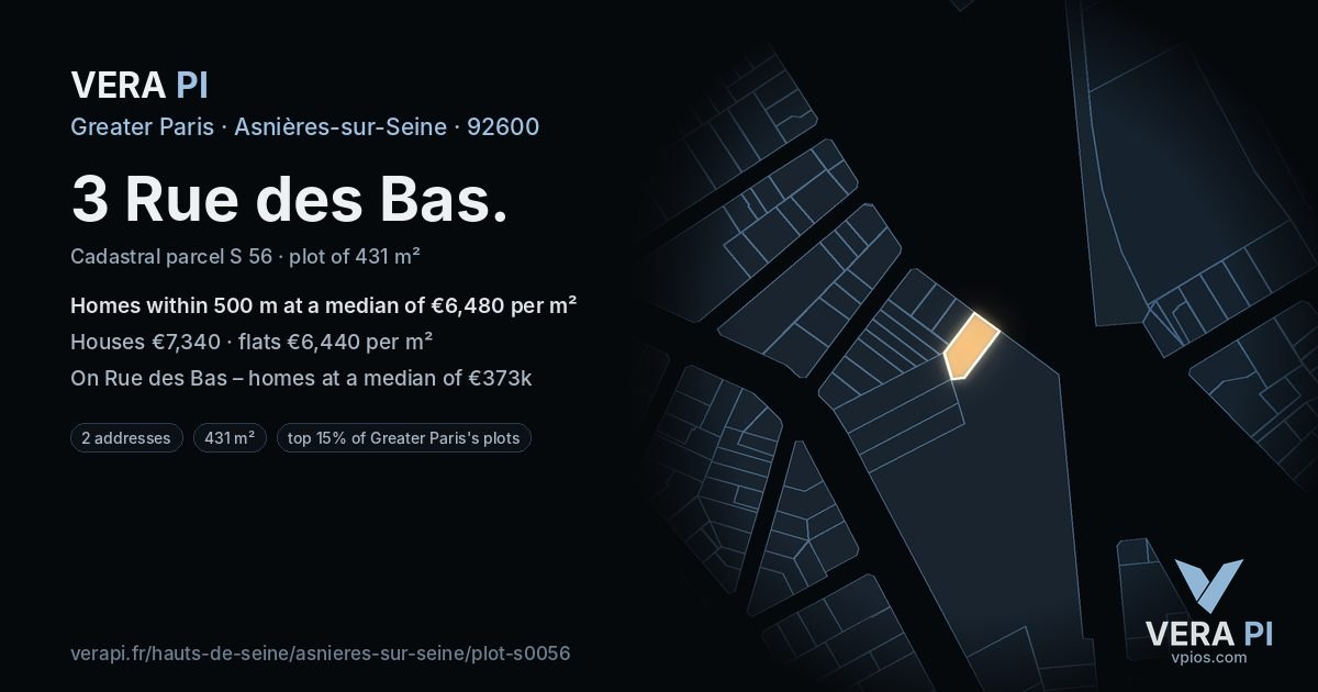 3 Rue des Bas, Asnières-sur-Seine at night – the plot lit, the parcels around coloured by the prices near them