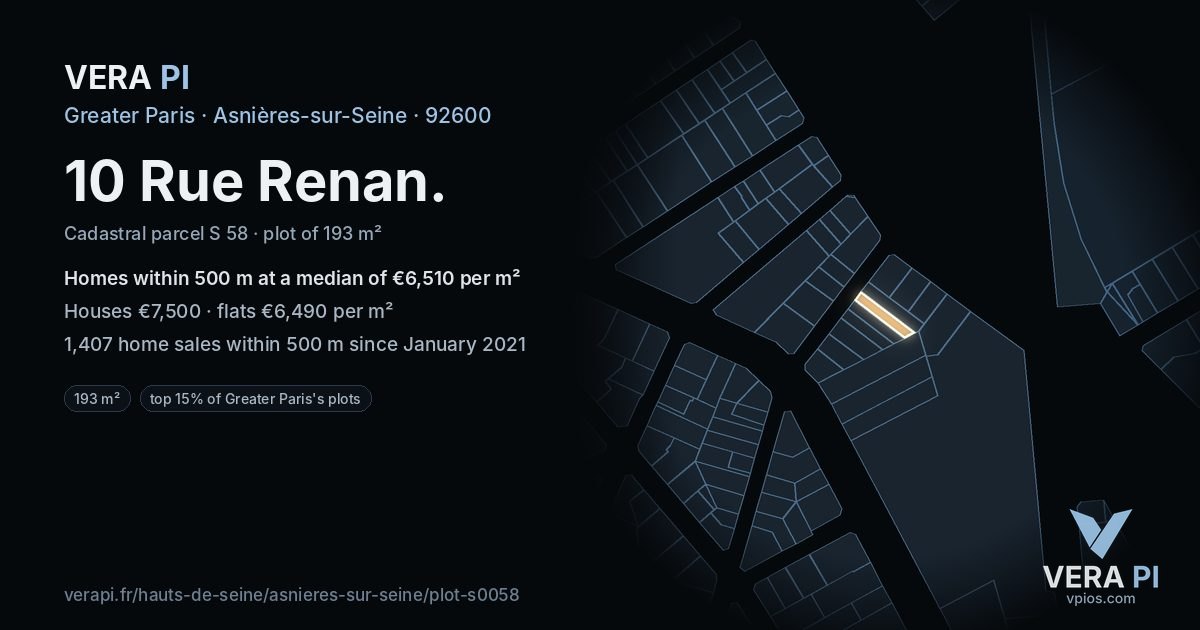 10 Rue Renan, Asnières-sur-Seine at night – the plot lit, the parcels around coloured by the prices near them