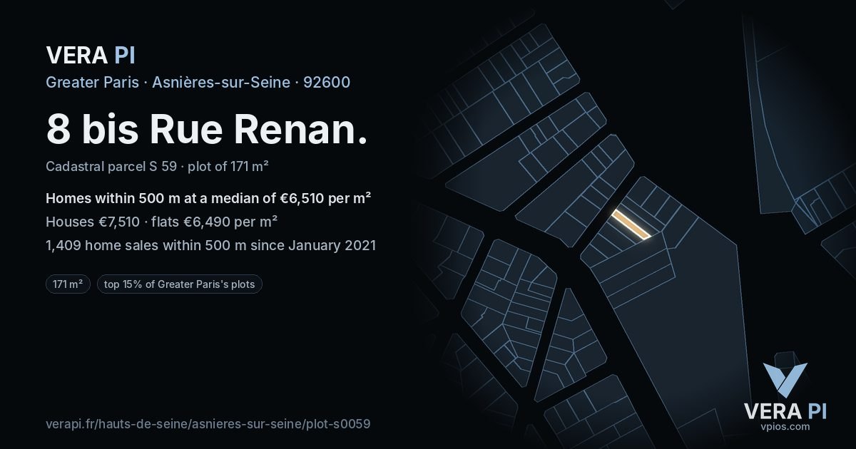 8 bis Rue Renan, Asnières-sur-Seine at night – the plot lit, the parcels around coloured by the prices near them