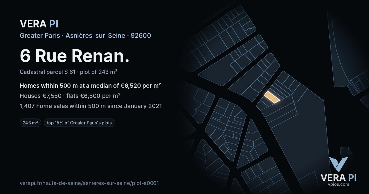 6 Rue Renan, Asnières-sur-Seine at night – the plot lit, the parcels around coloured by the prices near them