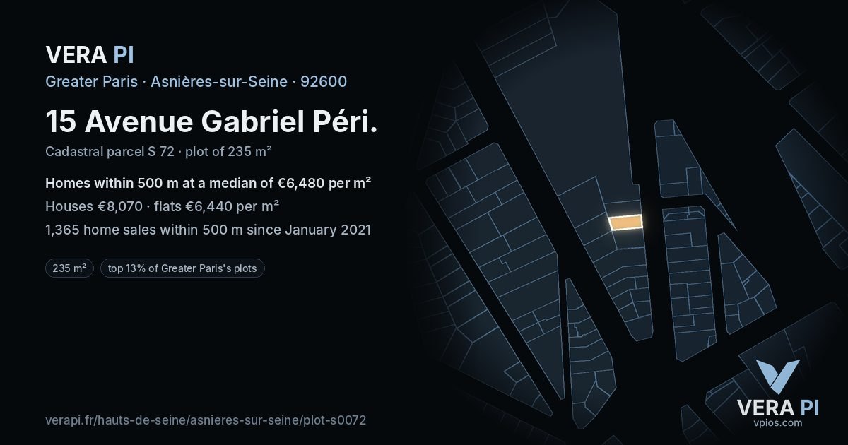 15 Avenue Gabriel Péri, Asnières-sur-Seine at night – the plot lit, the parcels around coloured by the prices near them
