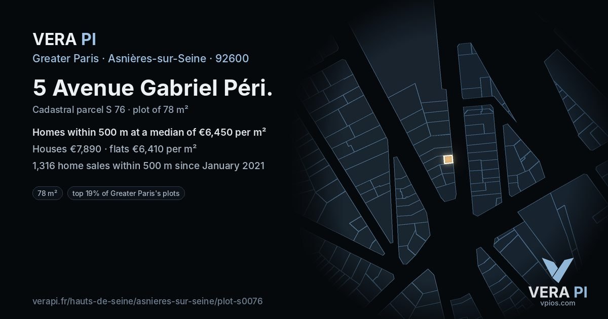 5 Avenue Gabriel Péri, Asnières-sur-Seine at night – the plot lit, the parcels around coloured by the prices near them