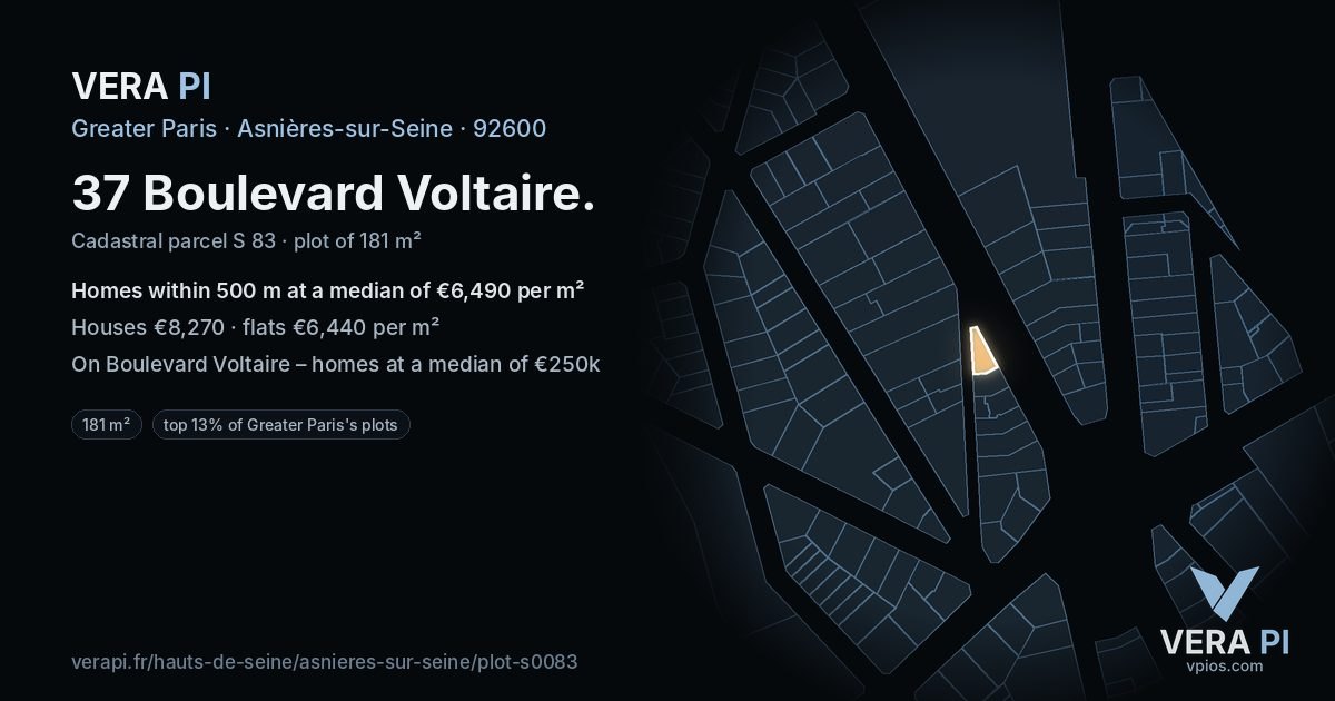 37 Boulevard Voltaire, Asnières-sur-Seine at night – the plot lit, the parcels around coloured by the prices near them