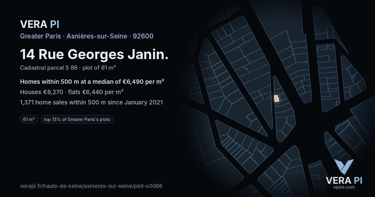14 Rue Georges Janin, Asnières-sur-Seine at night – the plot lit, the parcels around coloured by the prices near them