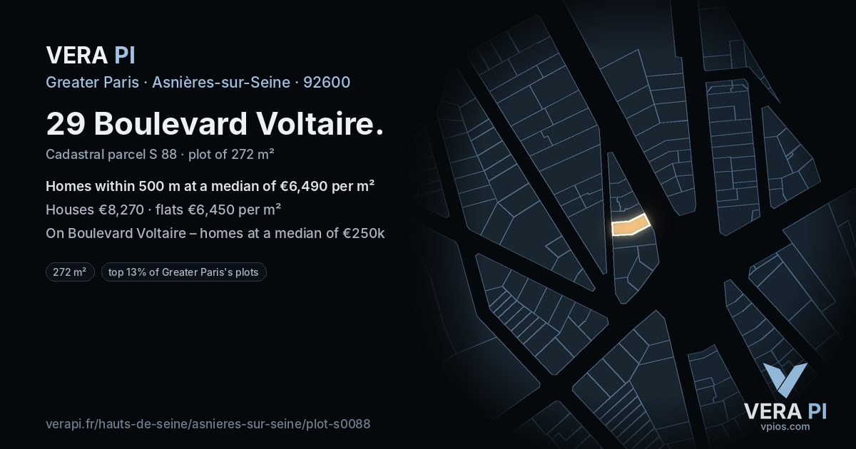 29 Boulevard Voltaire, Asnières-sur-Seine at night – the plot lit, the parcels around coloured by the prices near them