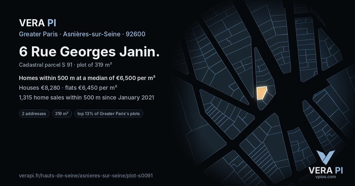 6 Rue Georges Janin, Asnières-sur-Seine at night – the plot lit, the parcels around coloured by the prices near them