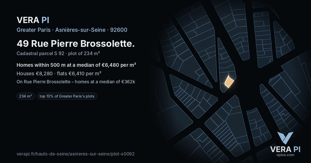 49 Rue Pierre Brossolette, Asnières-sur-Seine at night – the plot lit, the parcels around coloured by the prices near them