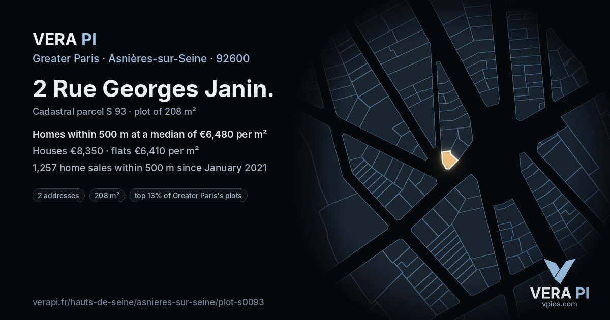 2 Rue Georges Janin, Asnières-sur-Seine at night – the plot lit, the parcels around coloured by the prices near them