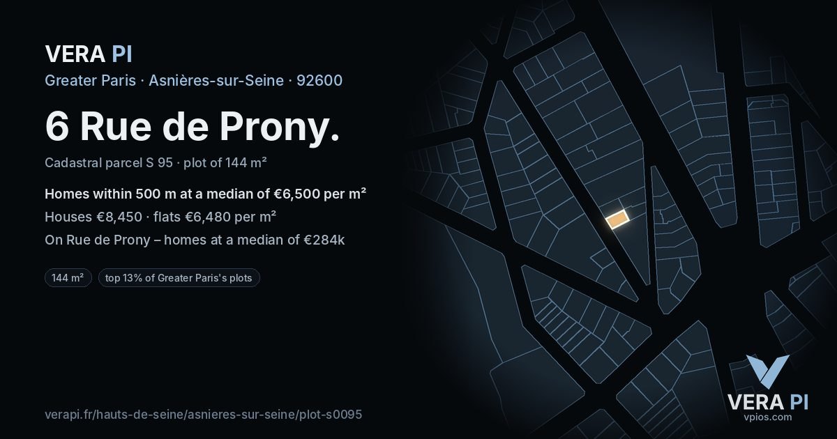 6 Rue de Prony, Asnières-sur-Seine at night – the plot lit, the parcels around coloured by the prices near them
