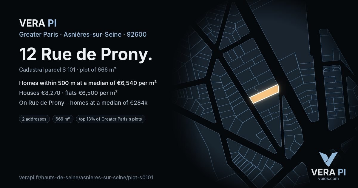 12 Rue de Prony, Asnières-sur-Seine at night – the plot lit, the parcels around coloured by the prices near them