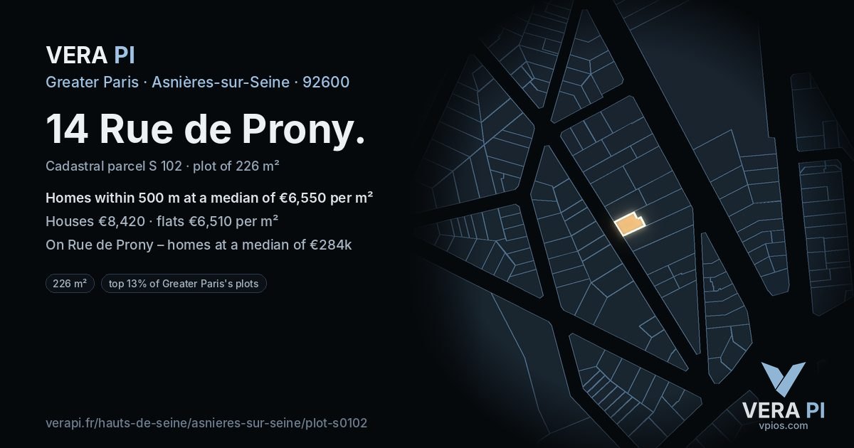14 Rue de Prony, Asnières-sur-Seine at night – the plot lit, the parcels around coloured by the prices near them