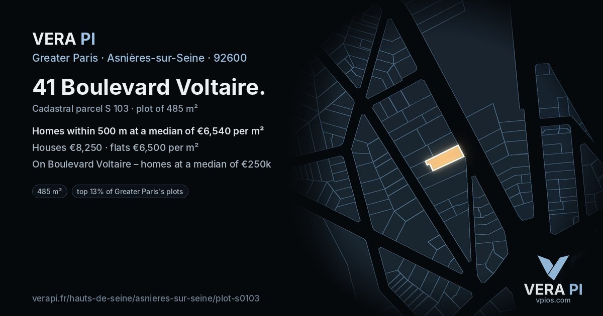 41 Boulevard Voltaire, Asnières-sur-Seine at night – the plot lit, the parcels around coloured by the prices near them