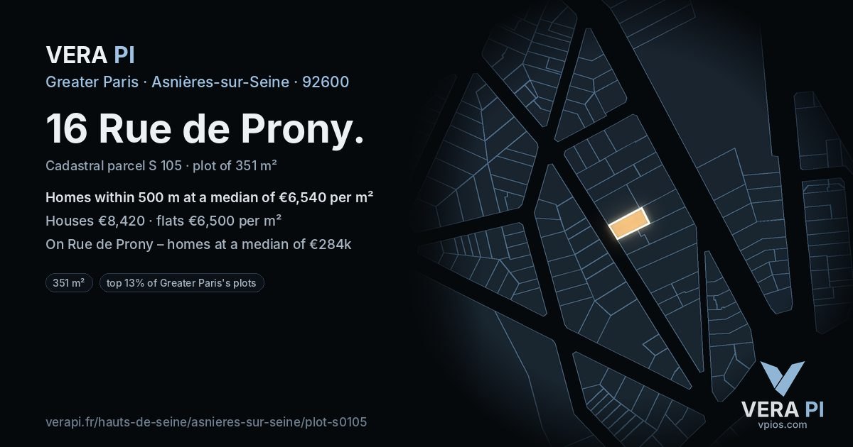 16 Rue de Prony, Asnières-sur-Seine at night – the plot lit, the parcels around coloured by the prices near them