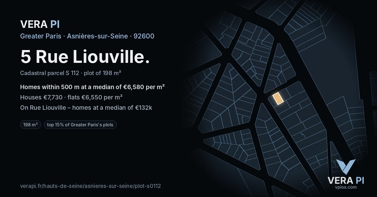 5 Rue Liouville, Asnières-sur-Seine at night – the plot lit, the parcels around coloured by the prices near them