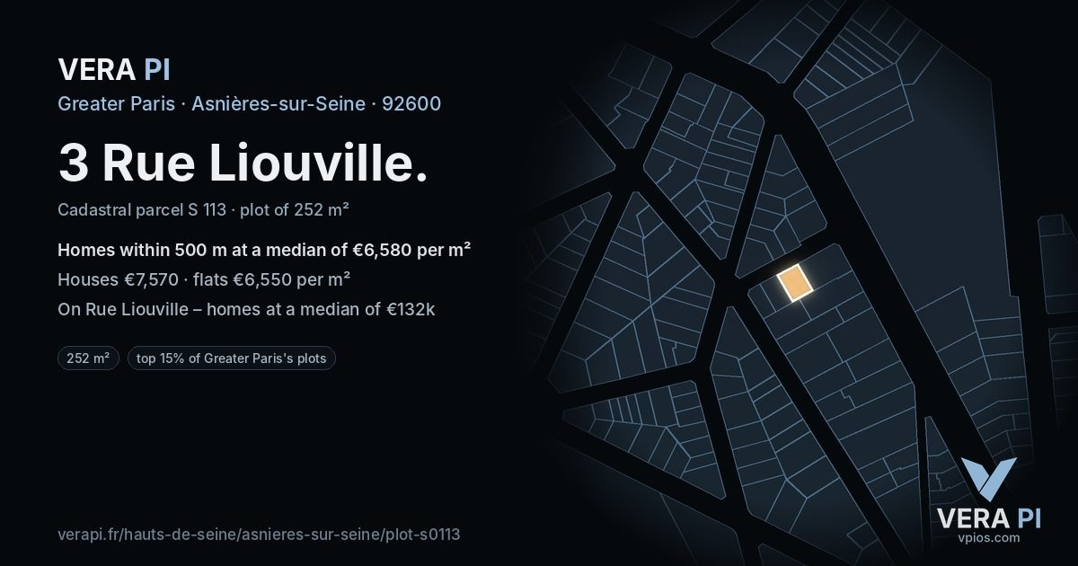 3 Rue Liouville, Asnières-sur-Seine at night – the plot lit, the parcels around coloured by the prices near them