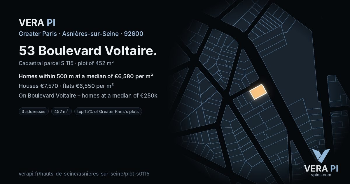 53 Boulevard Voltaire, Asnières-sur-Seine at night – the plot lit, the parcels around coloured by the prices near them