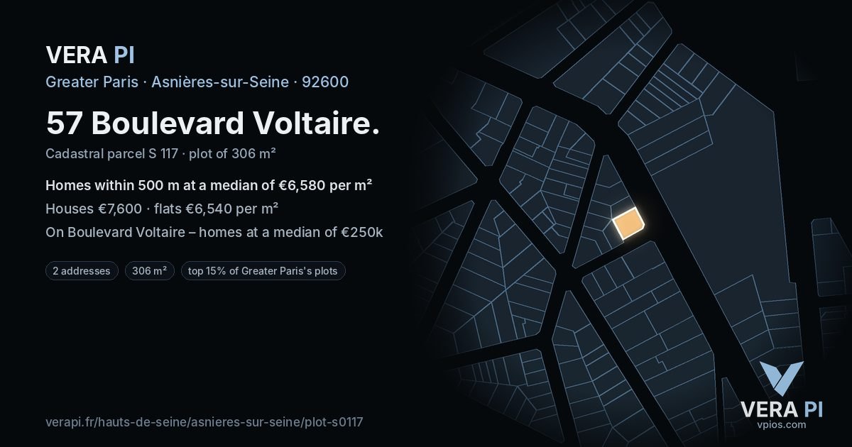 57 Boulevard Voltaire, Asnières-sur-Seine at night – the plot lit, the parcels around coloured by the prices near them