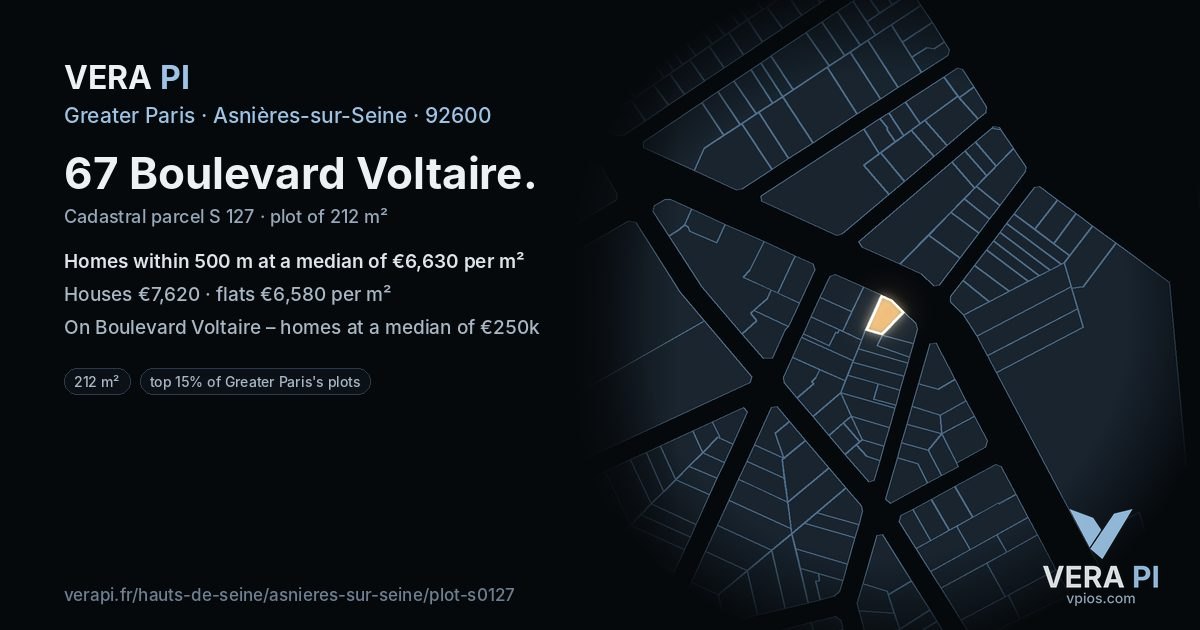 67 Boulevard Voltaire, Asnières-sur-Seine at night – the plot lit, the parcels around coloured by the prices near them