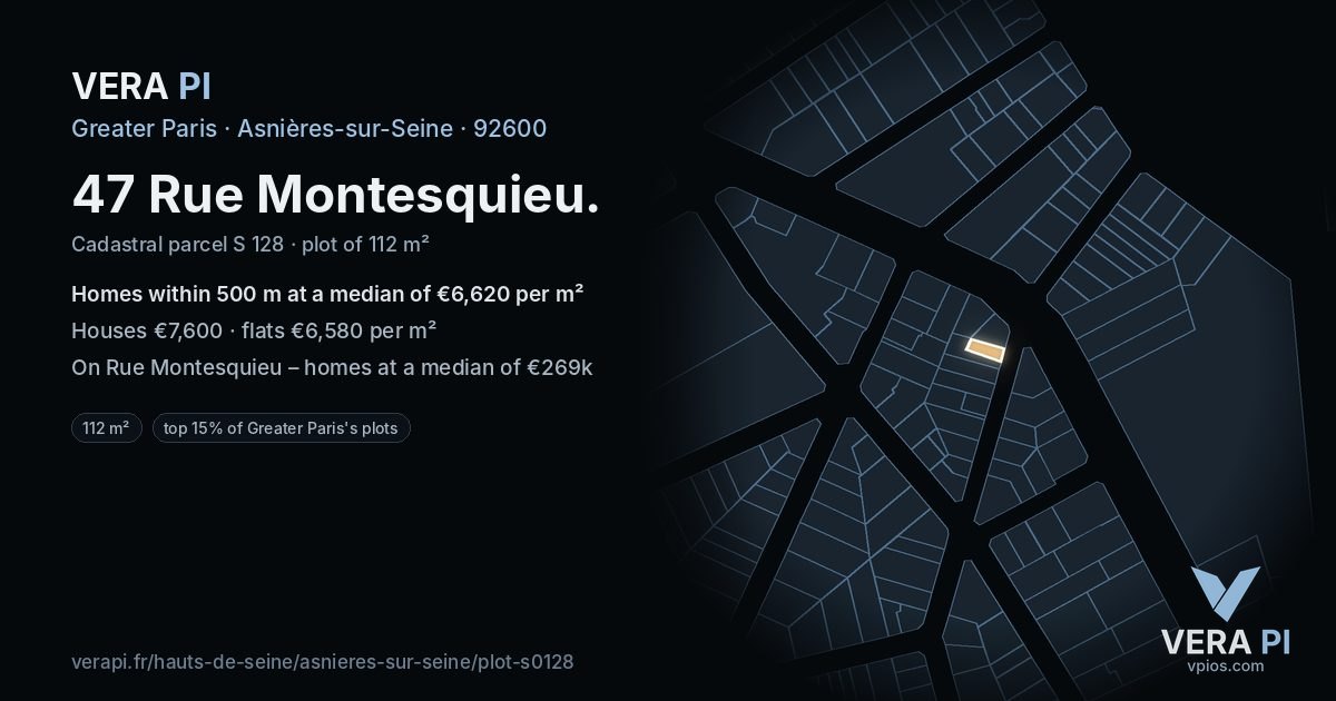 47 Rue Montesquieu, Asnières-sur-Seine at night – the plot lit, the parcels around coloured by the prices near them