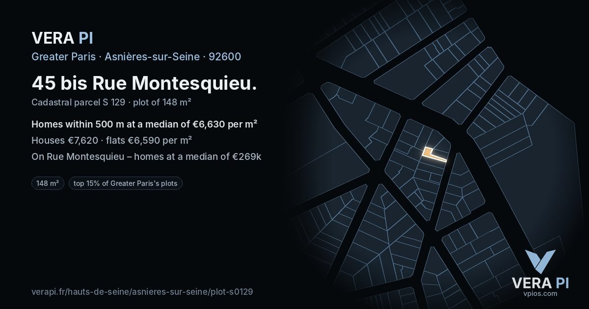 45 bis Rue Montesquieu, Asnières-sur-Seine at night – the plot lit, the parcels around coloured by the prices near them