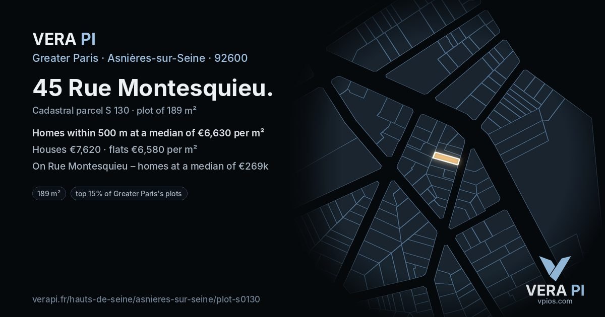 45 Rue Montesquieu, Asnières-sur-Seine at night – the plot lit, the parcels around coloured by the prices near them