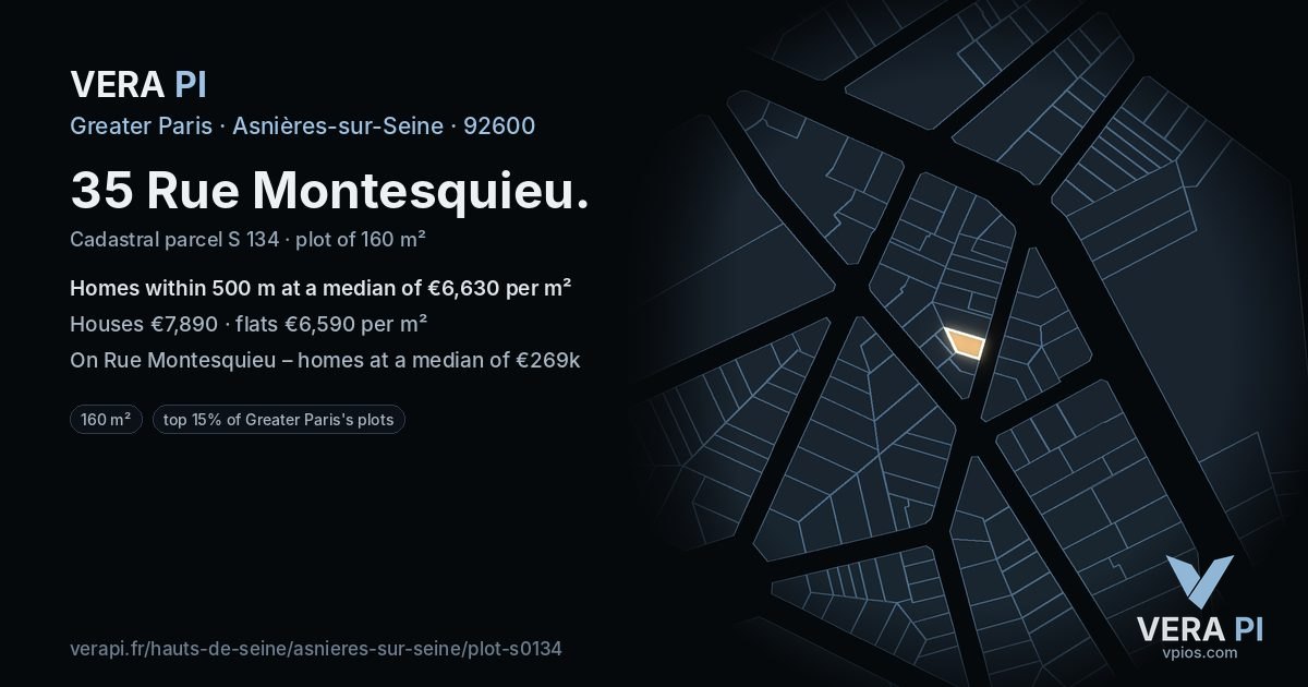 35 Rue Montesquieu, Asnières-sur-Seine at night – the plot lit, the parcels around coloured by the prices near them