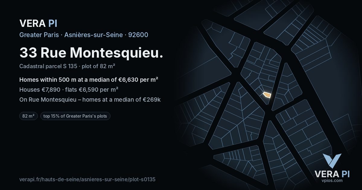 33 Rue Montesquieu, Asnières-sur-Seine at night – the plot lit, the parcels around coloured by the prices near them