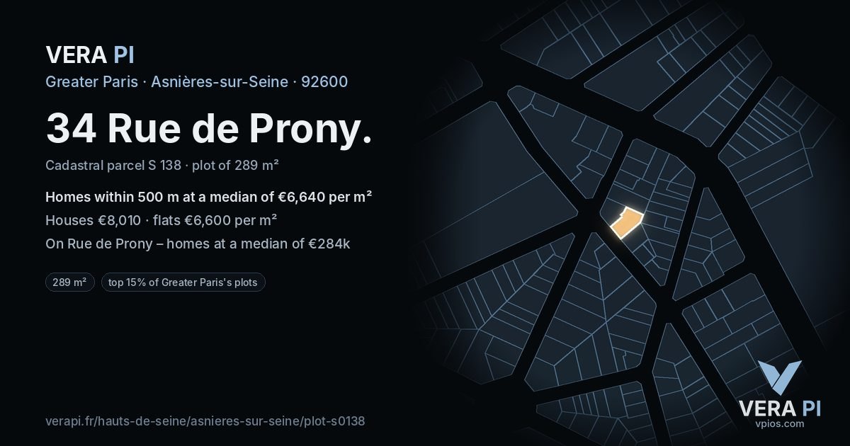 34 Rue de Prony, Asnières-sur-Seine at night – the plot lit, the parcels around coloured by the prices near them