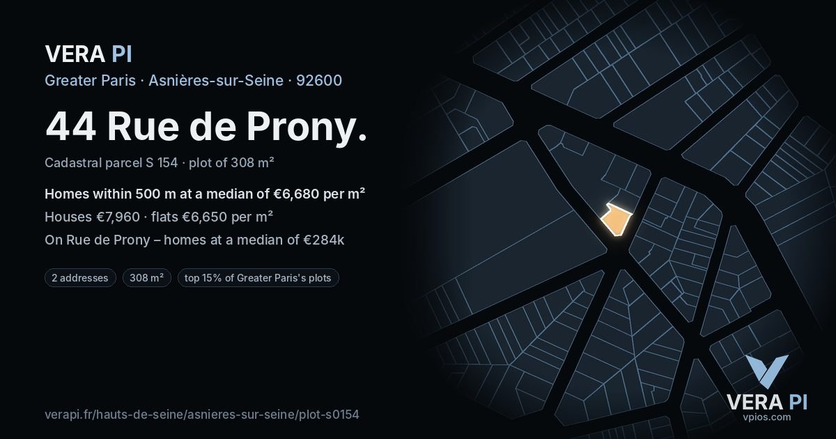 44 Rue de Prony, Asnières-sur-Seine at night – the plot lit, the parcels around coloured by the prices near them