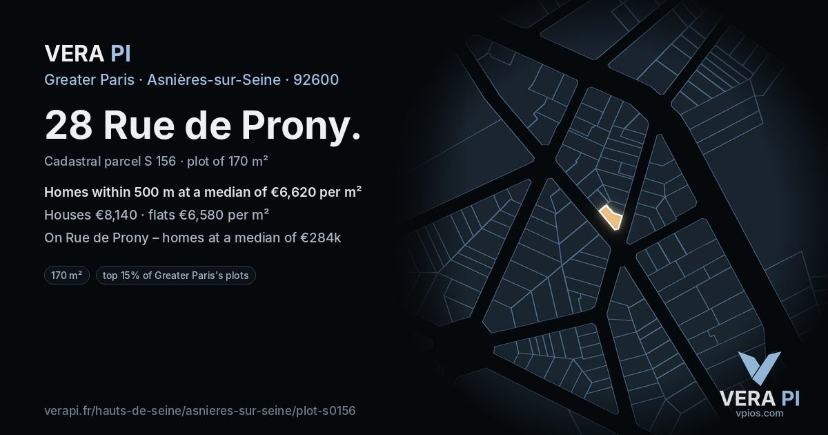 28 Rue de Prony, Asnières-sur-Seine at night – the plot lit, the parcels around coloured by the prices near them