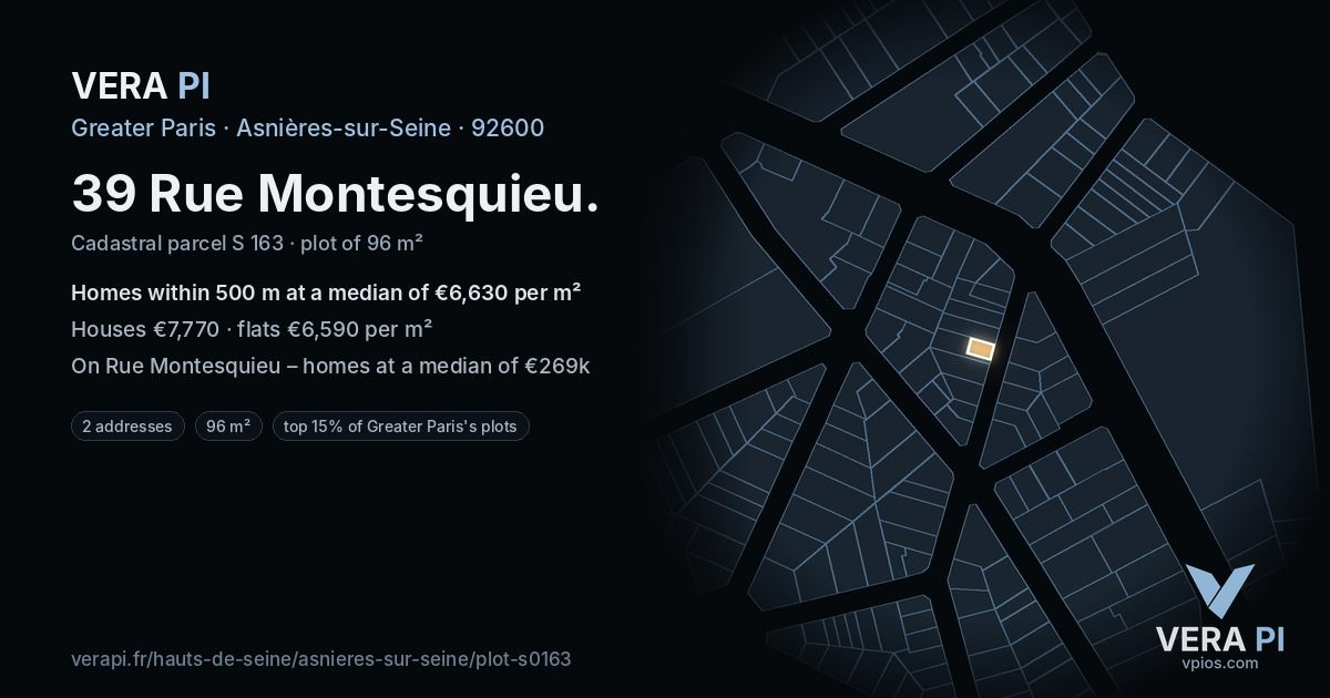 39 Rue Montesquieu, Asnières-sur-Seine at night – the plot lit, the parcels around coloured by the prices near them