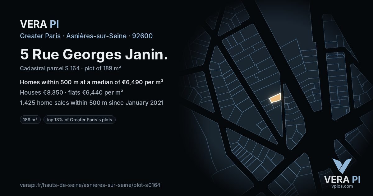 5 Rue Georges Janin, Asnières-sur-Seine at night – the plot lit, the parcels around coloured by the prices near them