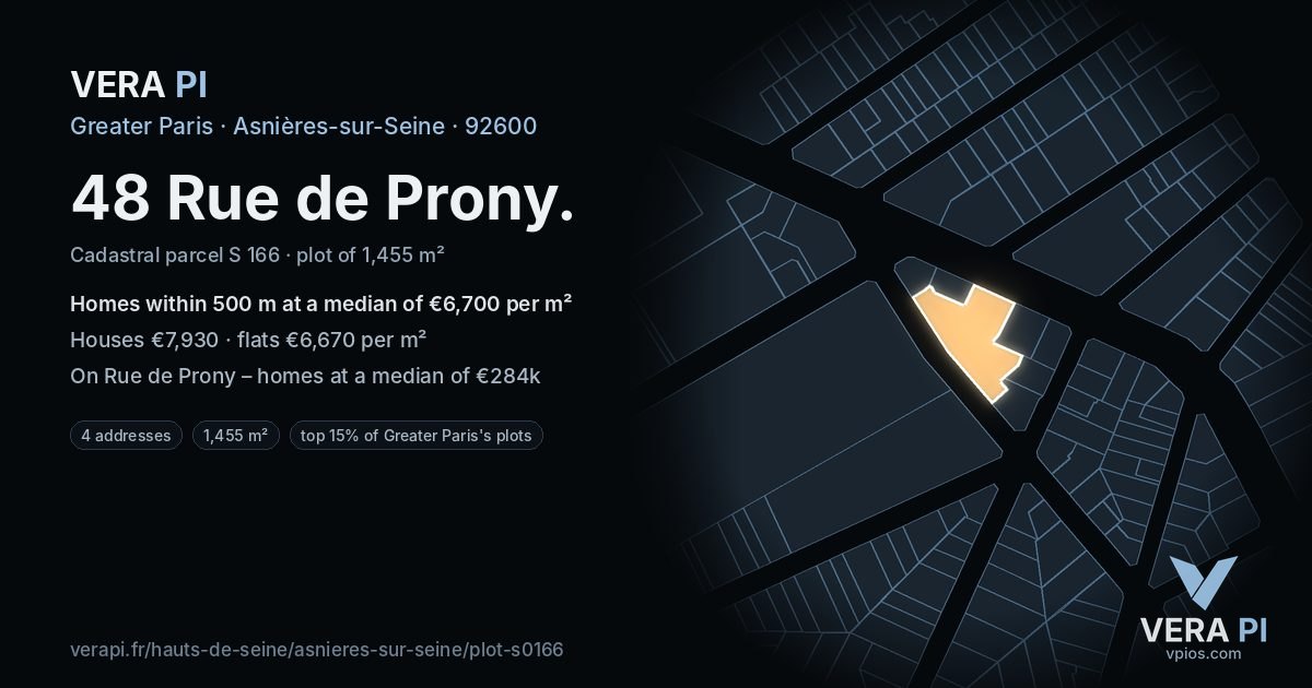 48 Rue de Prony, Asnières-sur-Seine at night – the plot lit, the parcels around coloured by the prices near them