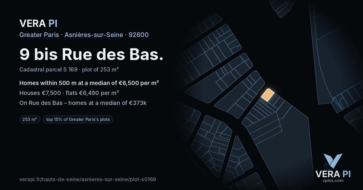 9 bis Rue des Bas, Asnières-sur-Seine at night – the plot lit, the parcels around coloured by the prices near them